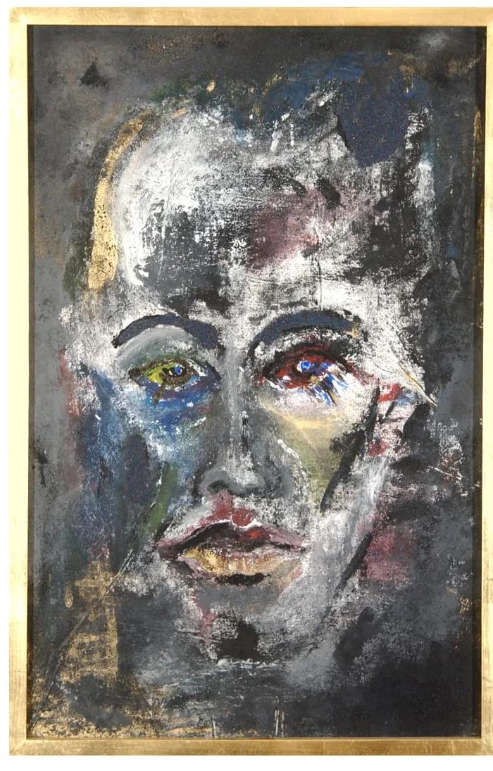 Inspiracion Mexicano: expressives Gesicht in Weiss, Blau und Rot auf dunklem Grund, Acryl und Sand auf Leinwand in goldenem Rahmen.